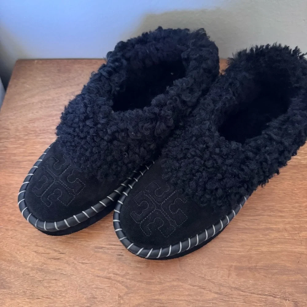 Tory Burch Women's Black Shearling Slippers Size 8